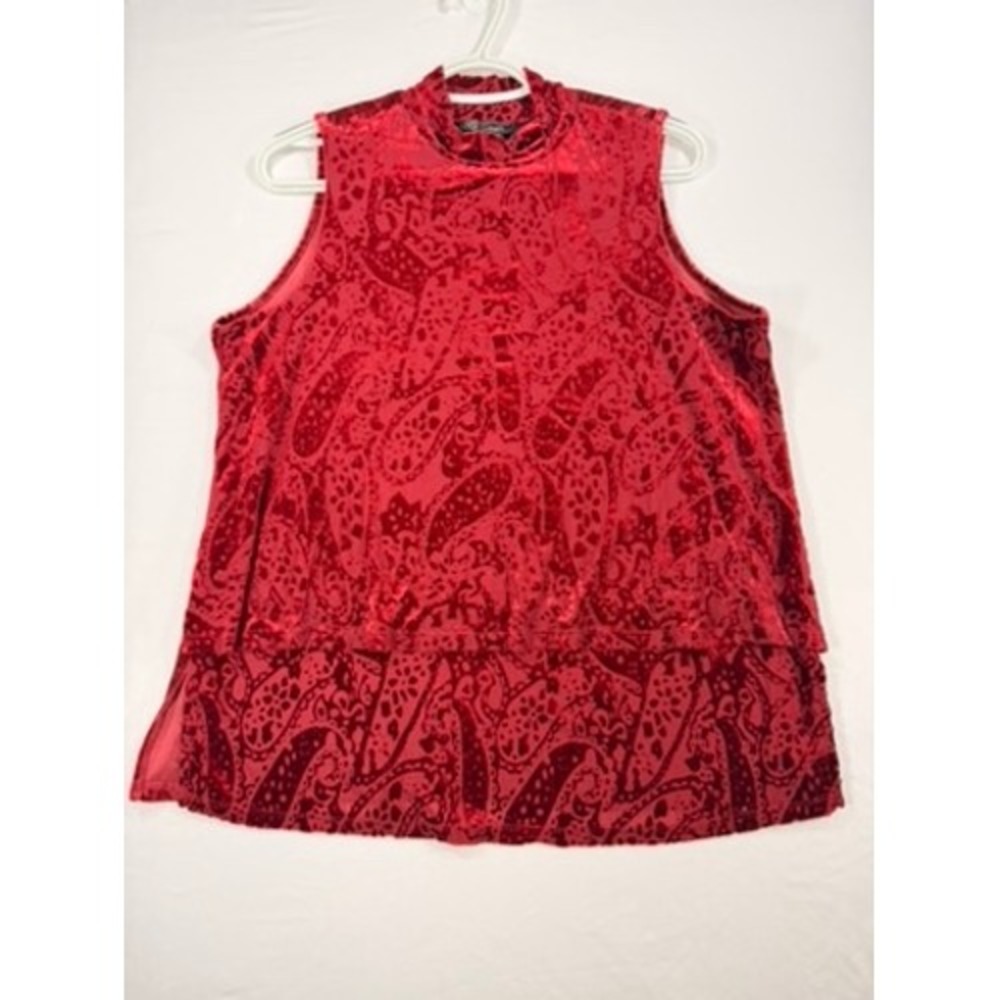 DG2 Diane Gilman Velvet Top Womens‎ Medium Red Paisley Burnout Mock Neck
